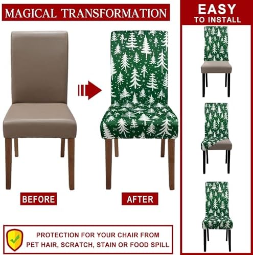 Christmas Chair Covers for Dining Room Set of 6 Green Christmas Tree Dining Chair Protectors 6 Pcs Stretch Removable Washable Chair Slipcovers 6 Pack for Winter Xmas Holiday Home and Party Decor