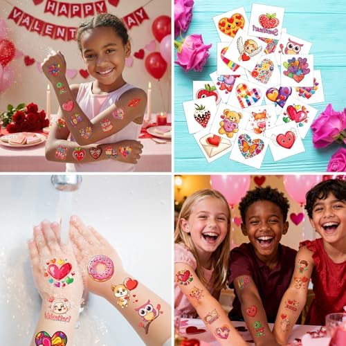 JCFIRE Valentines Day Stickers for Kids Temporary Tattoos, Heart Stickers for Valentines Day Gifts for Kids Classroom Exchange, Waterproof Decals for Party Favors, Goodie Bags, Crafts