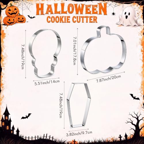 Teenyyou 3 Pcs 7.5 Inch Large Halloween Cookie Cutters Set Extra Large Pumpkin Coffin Skull Shapes Stainless Steel Metal Giant Cookie Cutters Molds for Halloween Day Baking Party Kitchen Accessories