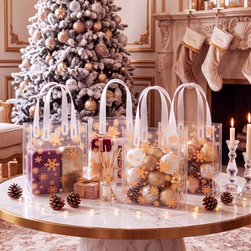 Pajean 25 Pcs Xmas Plastic Gift Bags with Handles, Gold Snowflake Pouches