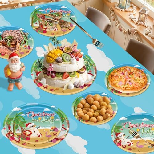 Litmitfu 24 Pcs Christmas in July Plates Set - Blue Summer Themed Paper Plate, Disposable Xmas Round Dinner Dessert Plates Tableware for Christmas in July Party Supplies Favors Table Decorations