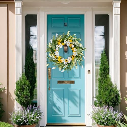 Artificial Spring Wreath 22 Inch Spring Wreaths for Front Door Summer Wreath with White Yellow Daisy Lavender and Green Leaves for Wall Porch Farmhouse Party Easter Celebration