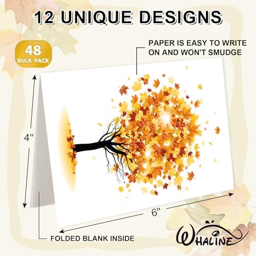 Whaline 48 Pcs Fall Greeting Cards Autumn Tree Blank Note Cards with Envelopes Stickers for Autumn Holiday Birthday Party, 4 x 6 Inch