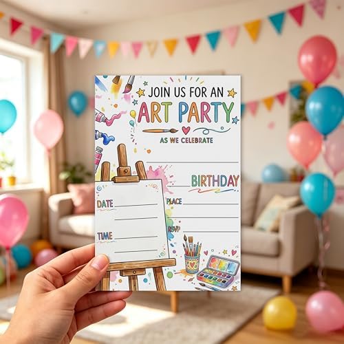 Art Birthday Party Invitation, Painting Artist Double-Sided Fill In Style Invites with Envelopes for Birthday, Art in Party Invitation For Girls, Boys, Teens, Bday Party Favor & Decoration