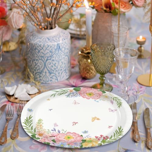 40 Count Floral Oval Paper Plates 10" x 12.5" Large Disposable Flower Platters Heavy Duty Party Tableware for Bridal Baby Showers Tea Party