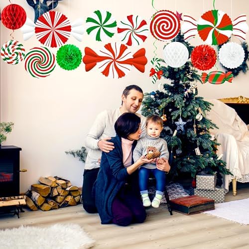 15pcs Candyland Christmas Party Decorations – Paper Fans, Honeycomb, Swirls for Peppermint, Indoor Ceiling, Wall Holiday Decor