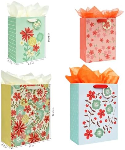 Jotique 4 Pcs Floral Gift Bags Assorted Sizes with Tissue for All Occasions