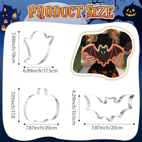 Teenyyou 3 Pcs Large Halloween Cookie Cutters Set 7.5 Inch Extra Large Pumpkin Bat Ghost Shapes Stainless Steel Metal Giant Cookie Cutters Molds for Halloween Day Baking Party Kitchen Accessories