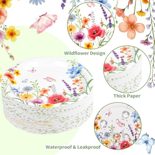 FOIMAS 50pcs Wildflower Paper Plates,7 Inch Spring Floral Disposable Plates Tableware Plate for Spring Summer Birthday Baby Shower Picnic Party Supply