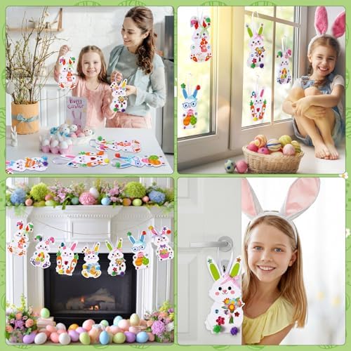Funrous 48 Sets Crafts Kit Paper Crafts DIY Make Your Own Hanging Ornaments with Pompoms Diamond Stickers for Holiday Classroom Activities Party Favors, Easter Bunny