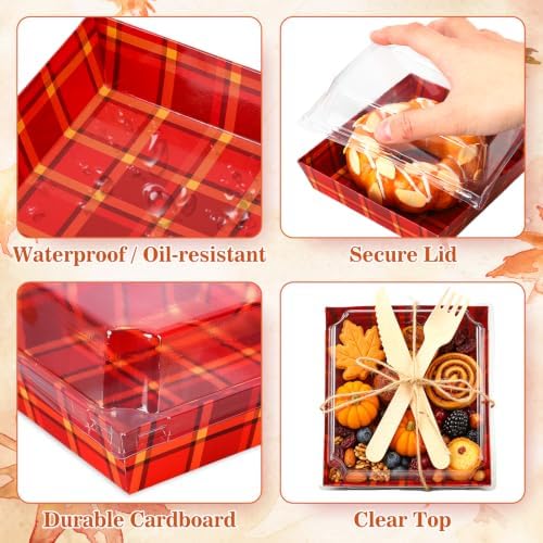 Whaline 100 Set Fall Small Charcuterie Boxes with Clear Lids Forks Knives Buffalo Plaid Mini Dessert Box Disposable Food Container for Autumn Harvest Thanksgiving Wedding Birthday Party Supplies