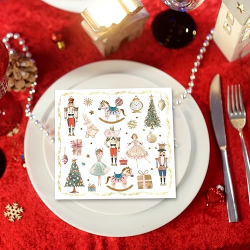 100Pcs Christmas Paper Napkins Nutcracker Disposable 2-Ply Napkins with Ballerinas, Christmas Trees, Horses Design for Bathroom, Xmas Dinners, Holiday Parties, Table Decor 6.5x6.5 Inch