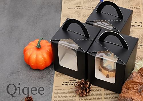 qiqee Auto Pop-up Black Cupcake Boxes Individual 100 Packs Cupcake Holders Disposable Single Cupcake Boxes with Window 3.7"x3.7"x4.5" Cupcake Containers