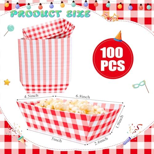 100 Pcs Red Gingham Paper Food Trays, Pre-Folded Red Checkered Disposable Food Boats for Hot Dogs, Fries, Nachos, Snacks, Carnival, Picnic, Baby Shower, Rustic Wedding, BBQ Party Supplies