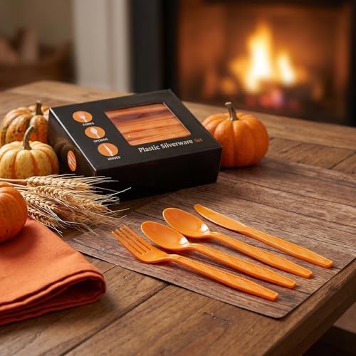 90Pcs Orange Plastic Silverware Set, Disposable Forks Spoons Knives