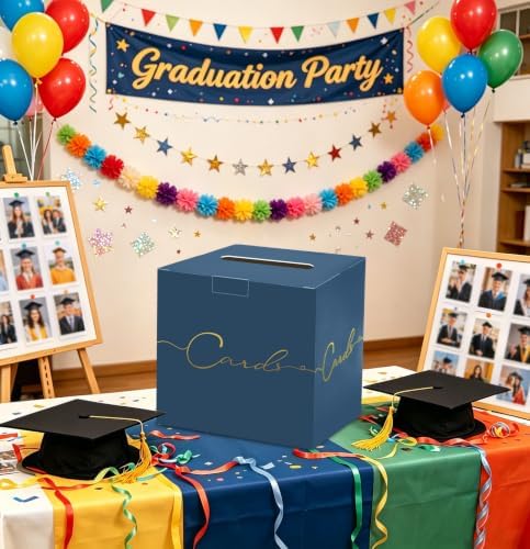 HEIPINIUYE Navy Blue Wedding Card Box with Gold Foil 9.8" x 9.8" Navy Large Gift Card Box for Party Wedding Reception Graduation Birthday Baby Shower Cardboard Raffle Envelope Box with Slot