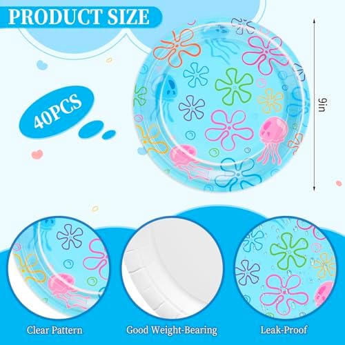 Whaline 40 Pcs Cartoon Sponge Paper Plates Flower Bubble Jellyfish Disposable Plates 9 Inch Under The Sea Party Tableware for Ocean Birthday Baby Shower Table Decor Supplies
