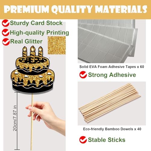 38 Pcs Birthday Photo Booth Props Kit with Frame, Happy Birthday Party Favors Supplies Bday Party Decorations Set for Girls Women Really Glitter Selfie Paper Party Supplies (Gold)