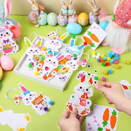 Funrous 48 Sets Crafts Kit Paper Crafts DIY Make Your Own Hanging Ornaments with Pompoms Diamond Stickers for Holiday Classroom Activities Party Favors, Easter Bunny