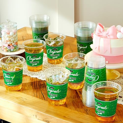 JOYIN 100 Pcs 16oz Graduation Party Plastic Cups (Green), PET Cup Tableware Bulk for Class of 2026 Graduates, Disposable Cups for 2026 High School College Graduation School Festivities Party Supplies