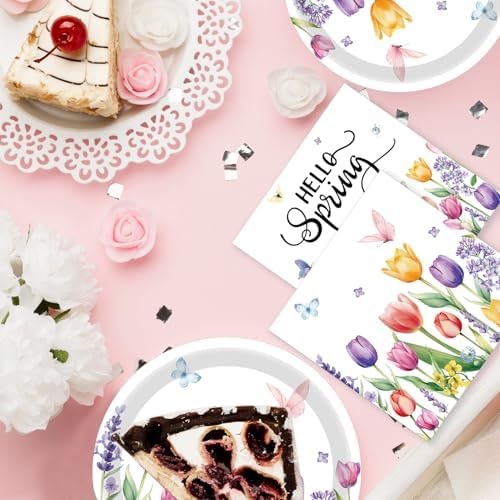 40Pcs Wildflower Party Decorations Tulip Floral Paper Plate and Napkins Flower Theme Birthday Decorations Serves 20 Guests Spring Easter Bridal Shower Baby Shower Wedding Mother's Day Party Supplies