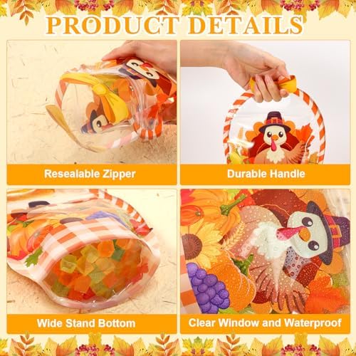 Fuutreo 12 Pcs Fall Treat Bags, Turkey Goodie Bags with Handles, Plastic