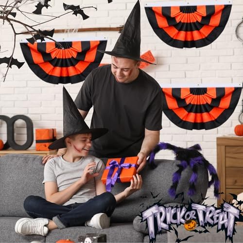 Augshy 4 Pack Halloween Bunting Fan Flags, Black Orange Pleated Half Banner
