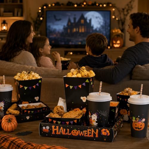 Bokon 172 Pcs/ 24 Sets of Halloween Movie Night Snack Trays Trick or Treat Summer Halloween 3 Sizes Snack Popcorn Boxes, 16 oz Disposable Drinks Cups, 50 Straws, Sealing Stickers for Party Decoration