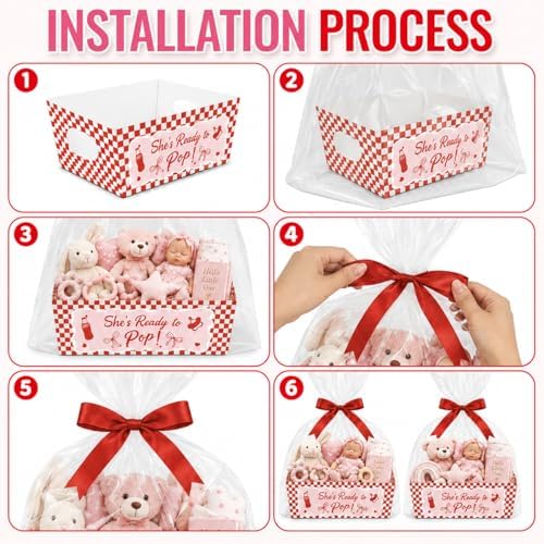 Cinrobiye 12 Pack Ready to Pop Baby Shower Favor Basket Set, Fill Your Own Party Favor Baskets with Clear Gift Bags & Ribbons, Empty Candy Gift Containers for Baby Shower, Gender Reveal, Birthday