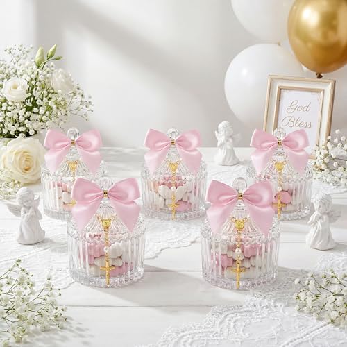 Chuangdi 12 Sets 48 Pcs Baptism Favors for Guests Crystal Candy Bowl Gifts with 12 Pcs Cross Rosary for Baptism Decorations Wedding Baby Shower Party Supplies First Communion (Pink)
