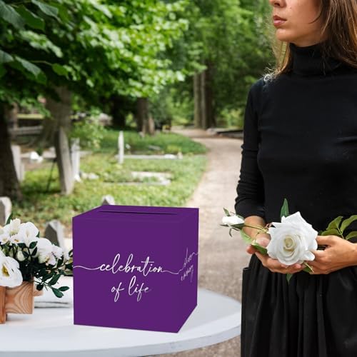 QISOLIY Purple Celebration of Life Card Box with Silver Lettering, Share a Memory Funeral Card Box for Memorial Service, Remembrance Table Decor, Memory Box for Sympathy Condolence Messages