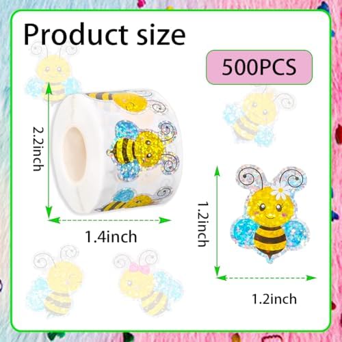 500Pcs Summer Bee Stickers Roll 1.5in Large Glitter Bumble Bee Seal Stickers 5 Designs Cartoon Animal Waterproof Classroom Reward Decals for Spring Bottle Scrapbook Journal Decor