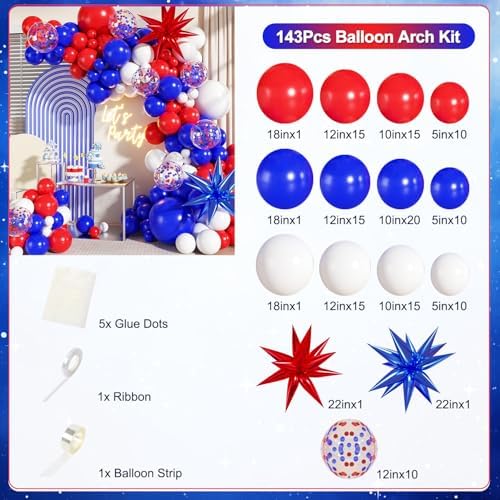 Red White Blue Balloon Arch Kit for Birthday Party Decorations