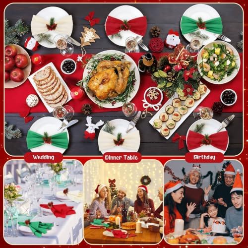 LemonRoad 36 Pcs Christmas Cloth Napkins and Napkin Ring Holders, Reusable Fabric with Pine Needle Red Fruit Napkin Rings for Xmas Table Decor, Banquet, Holiday Dinner Party, Wedding Party Supplies