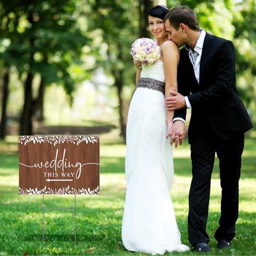 3 Pack 17''×12.5'' Wedding This Way Signs Double Sided Printed Wedding Directional Parking Sign with Stakes for Ceremony Reception Lawn Yard Arrow Signs Plastic Rainproof Party Supplies,Rustic