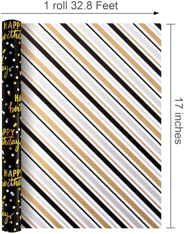 MAYPLUSS Birthday Wrapping Paper Roll, Black Metallic Holographic Happy Birthday Wrapping Paper Featuring Revesible Stripe Gift Wrap Paper for Boys Kids Girls Men, 17 Inches x 33 Feet