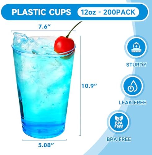 RACETOP 12 oz 200 Pack Disposable Plastic Cups, Disposable Clear Plastic Cups for Parties, Weddings, Gatherings, and Festival Events