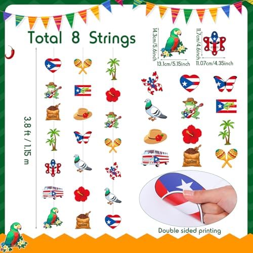 Spakon 8 Pcs Puerto Rico Garlands Puerto Rican Party Hanging Decorations Hibiscus Garlands Banners Frog Paper Cutouts for Birthday Festivals Party Ceiling Wall Decor