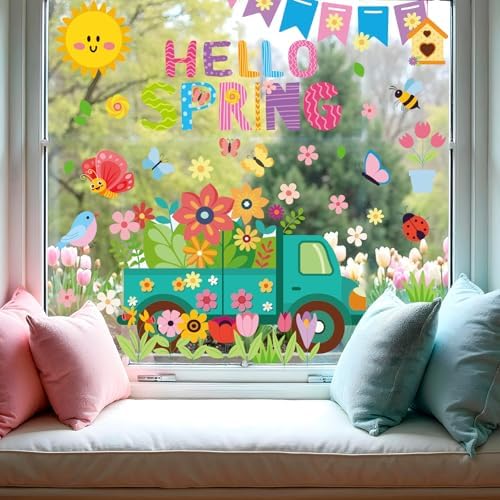 Xzentira 163Pcs Spring Window Clings Spring Stickers for Glass Windows Double-Sided Window Decals with Flowers Butterfly Bees Birds for School Home Office Accessories Party Supplies