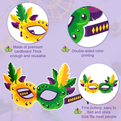 Threan 48 Pcs Mardi Gras Paper Eyeglasses Party Decor Garland Crown Mask Costume Photo Booth for New Orleans Favor Decor