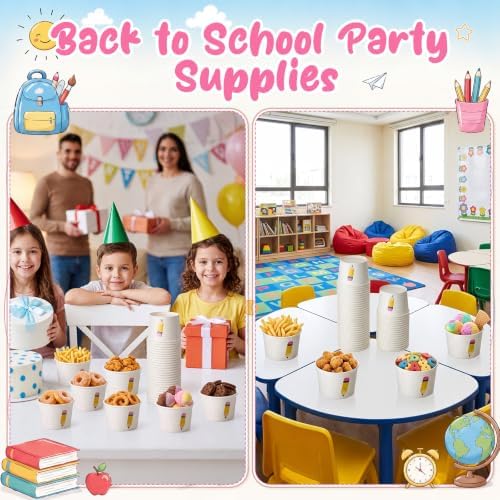 Maxdot 50 Pcs Back to Snack Bowls Cups 9 oz Pencil Notebook Line Paper Bowls First Day of School Disposable Ice Cream Dessert Cups for Classroom Party Supplies