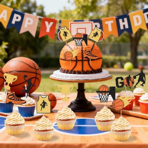 Hooqict 40Pcs Basketball Cupcake Toppers Basketball Birthday Party Cupcake Topper Cake Decorations for Kids Baby Shower Sports Theme Party Decorations Supplies