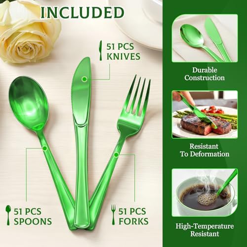 Glowserve 153 Pack Green Disposable Plastic Silverware Set Cutlery Set