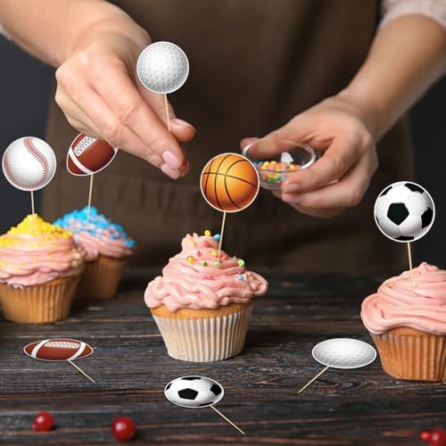 Hooqict 40Pcs Sports Cupcake Toppers Football Soccer Basketball Baseball Golf Ball Cake Topper Decorations Cupcake Picks for Kids Boys Men Game Day Sports Themed Birthday Party Decorations