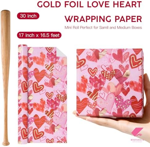 WRAPAHOLIC Valentines Day Wrapping Paper Roll - Mini Roll - 17 Inch x 16.5 Feet - Sweet Heart Wrapping Paper with Gold Foil Design for Valentine's Day, Anniversary, Birthday, Wedding, Baby Shower