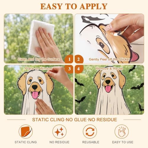 Halloween Window Clings, 3pcs Dog Ghost Funny Design Halloween Decorations Window Decals, Draped Fabric Ghost Puppy Static Cling Stickers for Glass Door Home Kids Room Office Classroom Decor