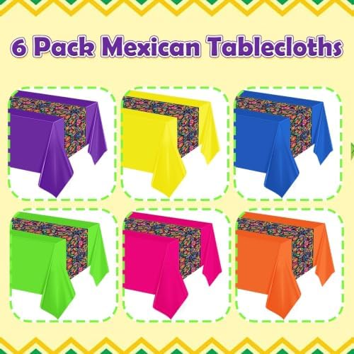 6 Pcs Mexican Fiesta Plastic Tablecloth,108 x 54 Inch
