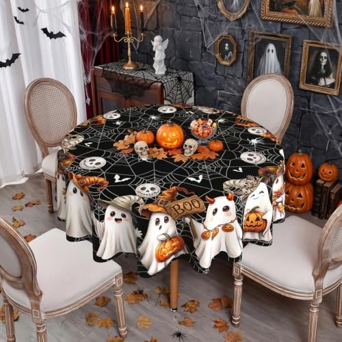 Black Halloween Tablecloth Round 90 Inch, Washable Fabric Spider Web Ghost Table Cloth Round Halloween Tablecloth Table Cover for Kitchen Dining Party