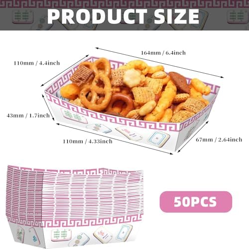 No Folding Required 50 Pack 2Lb Mahjong Party Supplies Disposable Paper Food Plates Serving Trays Pink Paper Food Trays Bulk for Family Play Day Birthday Celebration Game Party Decorations