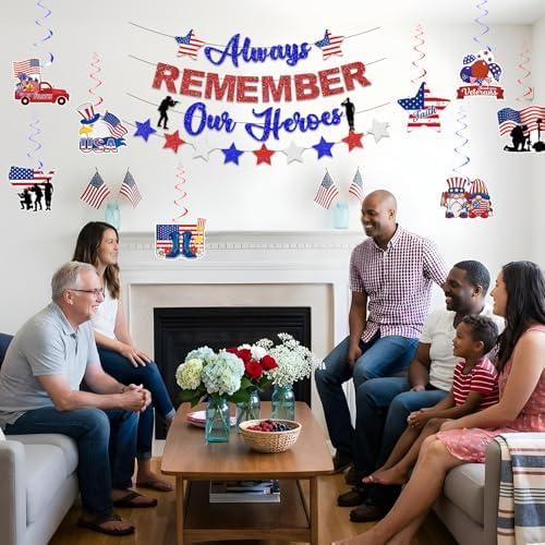 Memorial Day Banner and Memorial Day Decorations Set for A Proud Patriotic Look, Always Remember Our Heroes Banner with 1 Garland and 8 Hanging Swirls